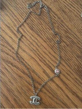 Silver-Tone CC Pendant Necklace with Pink Cabochon Accent